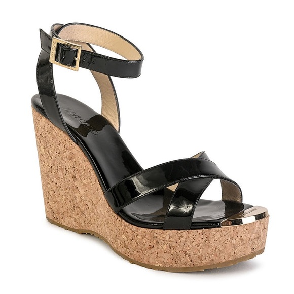 ✨JIMMY CHOO PAPYRUS BLACK PATENT LEATHER CORK WEDGE PLATFORM SANDALS - Picture 8 of 15